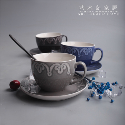 级有家 咖啡杯碟套装 陶瓷浮雕个性咖啡杯子 创意牛奶水杯  欧式